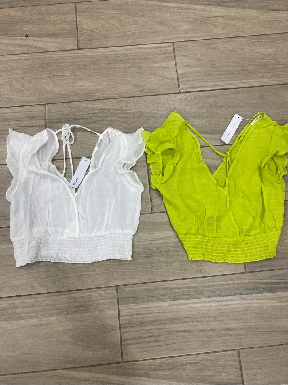 Timing Ruffle V-Neck Crop Top in green and white